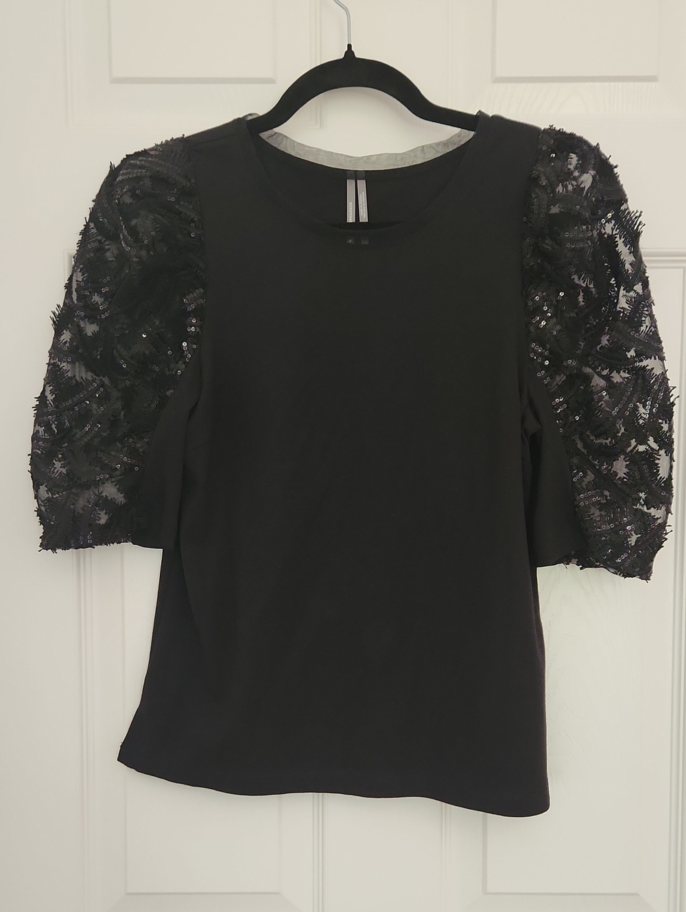 Anthropologie Black Puff Sequin Sleeve Top